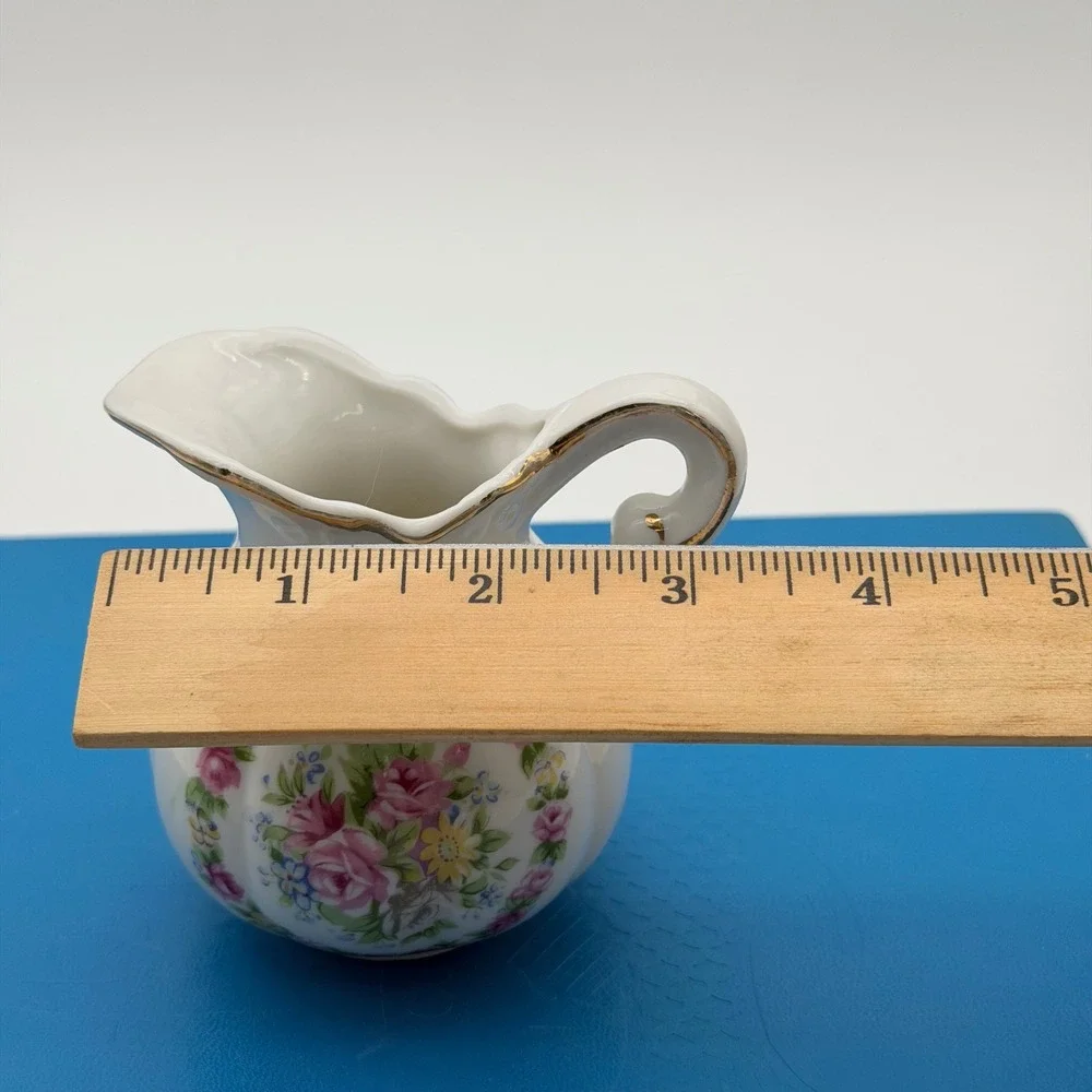 Vintage Floral Porcelain Mini Pitcher Creamer Gold Trim Pink Rose White